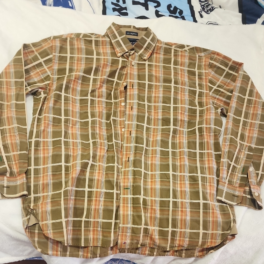 Tommy Hilfiger Men's Plaid Shirt in Green and Orange
